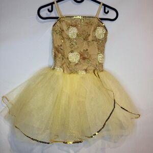 La Petite Ballerina Gold Sequin Floral Tutu Dance Costume LC Kids Large Child